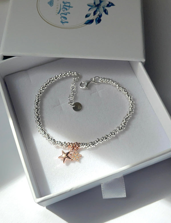 bracciale nodino stelle, cuore in argento 925